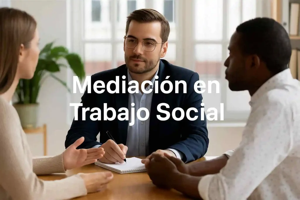 Profesional facilitando la mediación en trabajo social entre dos personas en conflicto