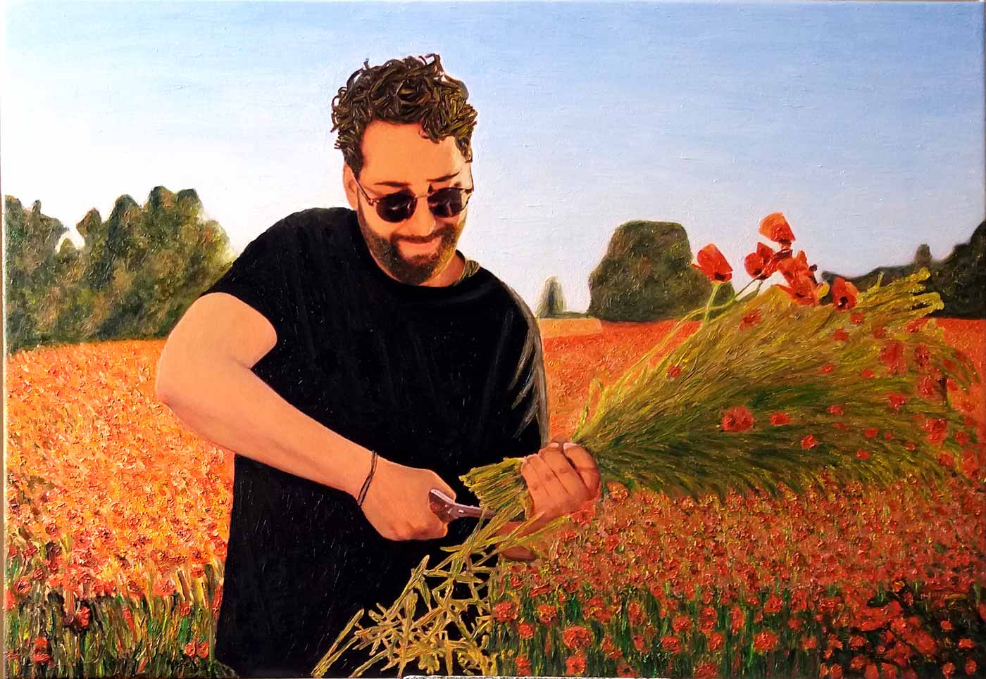 Retrato al óleo de un hombre recogiendo amapolas en un campo